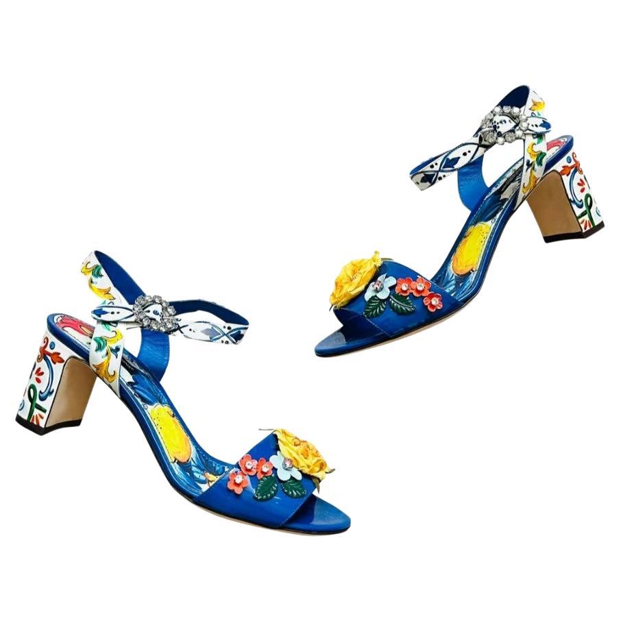 Dolce 
Gabbana Leather Maiolica Sicily Lemon Heels Sandals Shoes DG Crystals