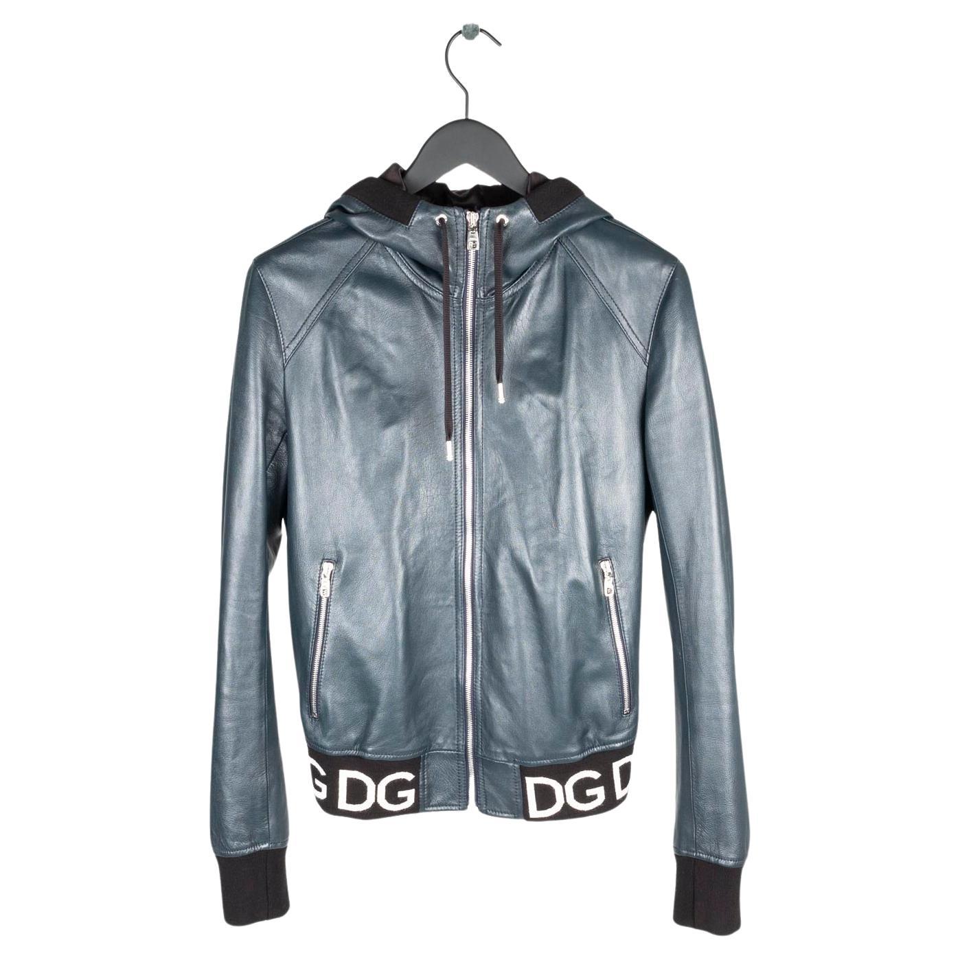 Dolce Gabbana leather Men jacket navy bomber Size ITA48/Medium,  S876 For Sale