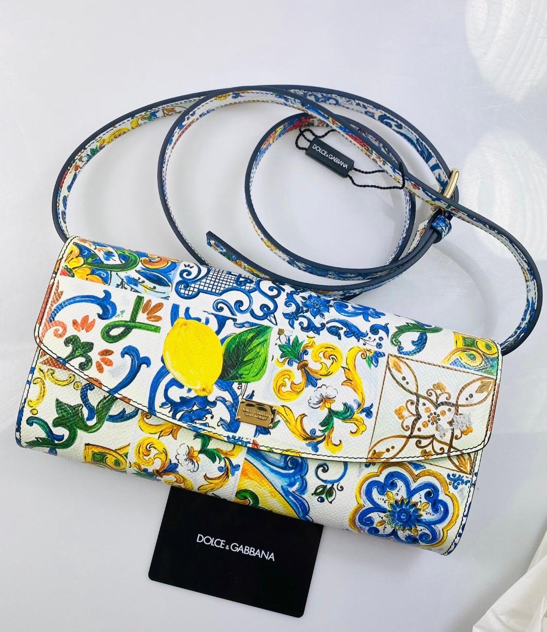 Beige Dolce & Gabbana leather multicolour majolica printed purse cross body clutch 