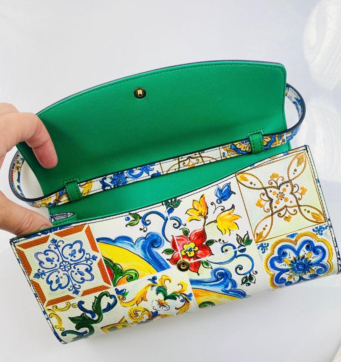Dolce & Gabbana leather multicolour majolica printed purse cross body clutch  In New Condition In WELWYN, GB
