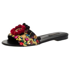 Dolce & Gabbana Leather Pom Pom And Mirror Embellished Flat Sandals Size 35
