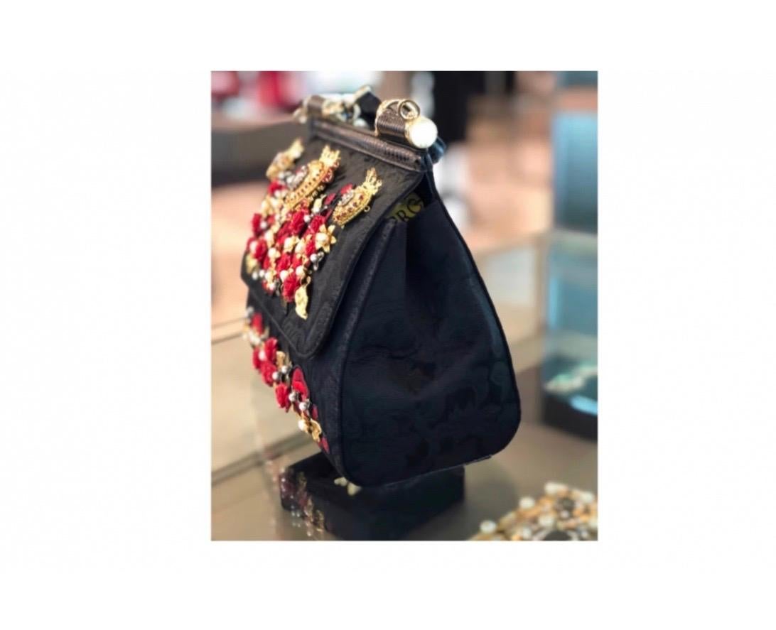 Dolce & Gabbana leather Sicily medium black with sacred hearts and roses  In New Condition In WELWYN, GB