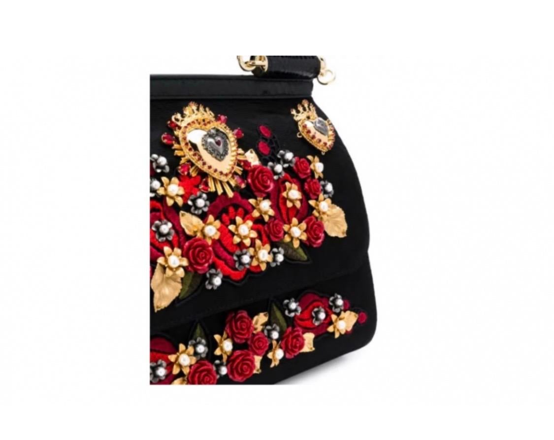 Women's Dolce & Gabbana leather Sicily medium black with sacred hearts and roses 