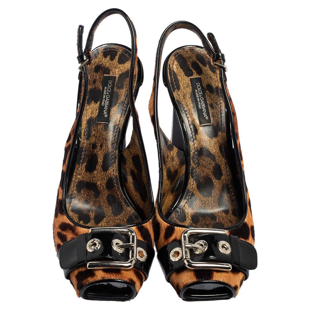 Black Dolce & Gabbana Leopard Calf Hair & Leather Buckle Slingback Pumps Size 37.5