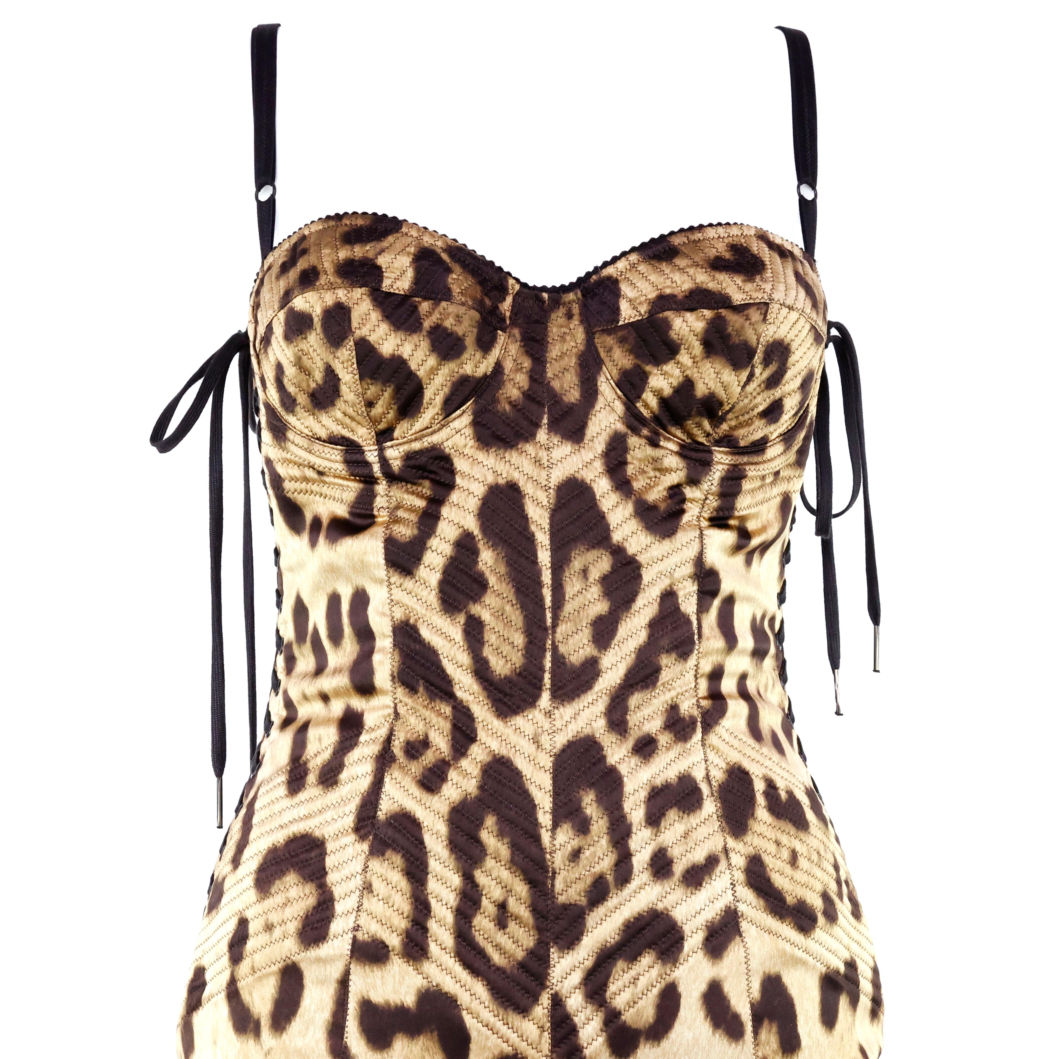 Beige Dolce & Gabbana Leopard Corset Bustier Silk Dress For Sale