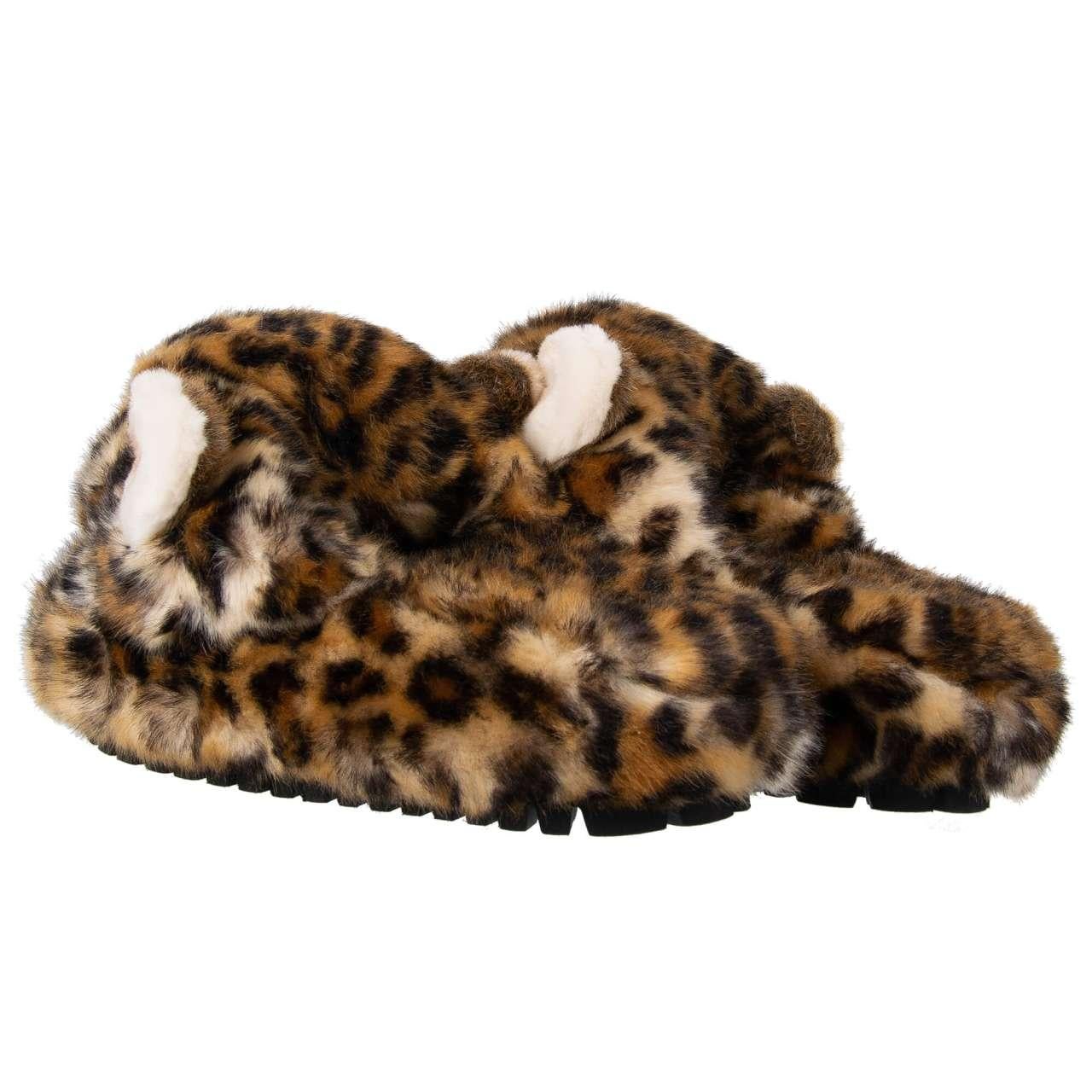 Dolce & Gabbana Leopard Faux Fur Shoes Slipper SAINT BARTH Brown EUR 44 In Excellent Condition For Sale In Erkrath, DE