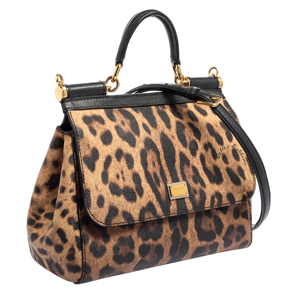 Dolce & Gabbana Leopard Print Canvas and Leather Medium Sicily Top Handle Bag In Good Condition In Dubai, Al Qouz 2
