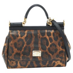 Dolce & Gabbana Leopard Print Canvas and Leather Miss Sicily Top  Handle Bag