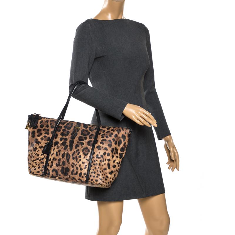 Dolce & Gabbana Leopardenmuster beschichtetes Segeltuch und Leder Miss Escape Tote (Braun)