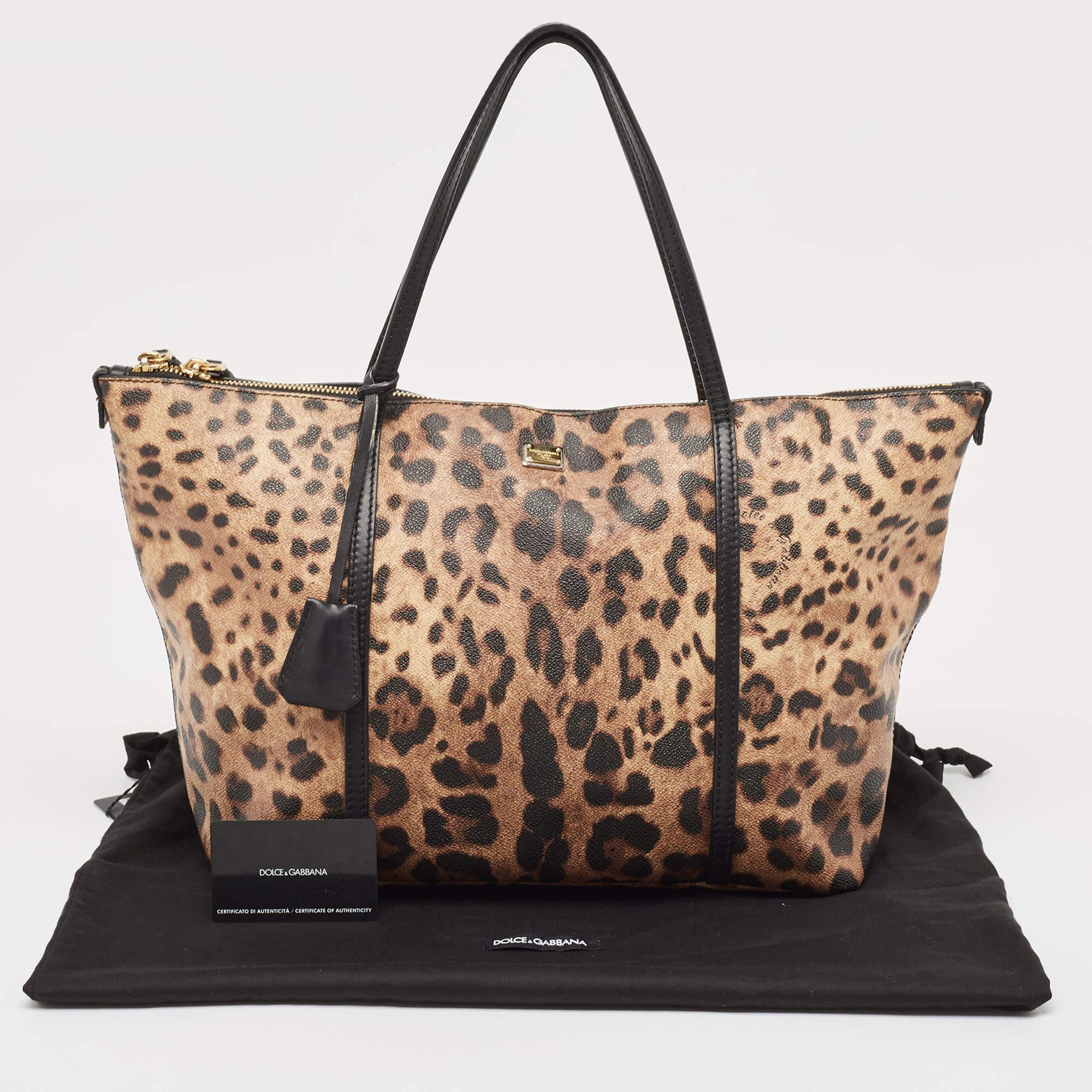 Dolce & Gabbana Leopard Print Coated Canvas and Leather Miss Escape Zip Tote 15