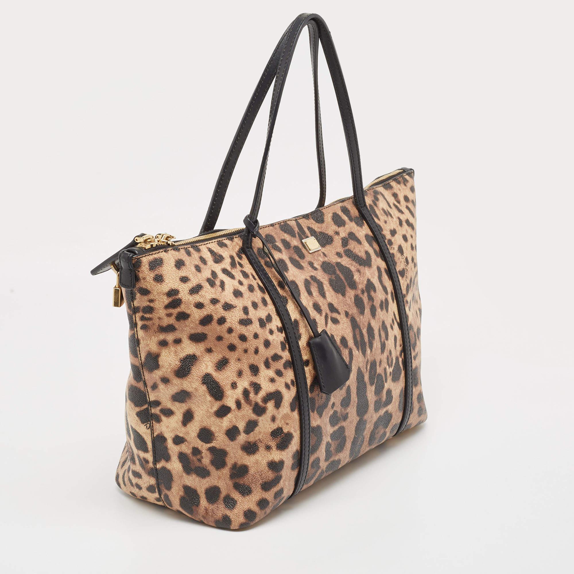 Women's Dolce & Gabbana Leopard Print Coated Canvas and Leather Miss Escape Zip Tote