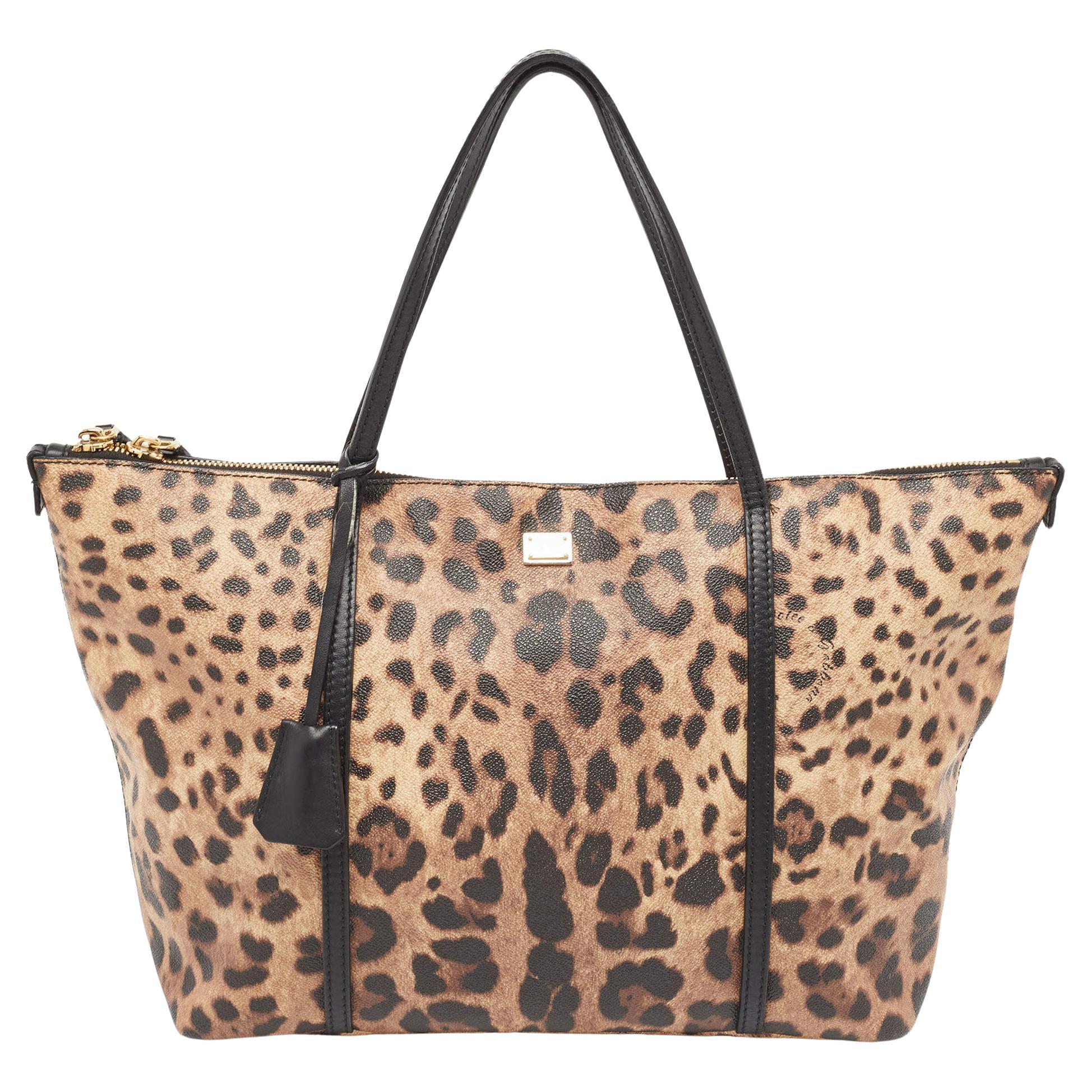Dolce & Gabbana Leopard Print Coated Canvas and Leather Miss Escape Zip Tote