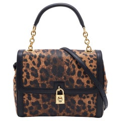 Dolce & Gabbana Leopard Print Coated Canvas and Leather Padlock Top Handle Bag