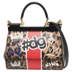 Dolce & Gabbana Leopard Print Coated Canvas and Leather Top Handle Bag