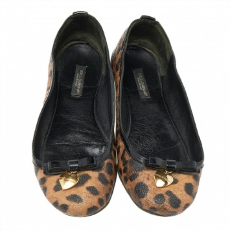 Black Dolce & Gabbana Leopard Print Coated Canvas Bow Detail Ballet Flats Size 37