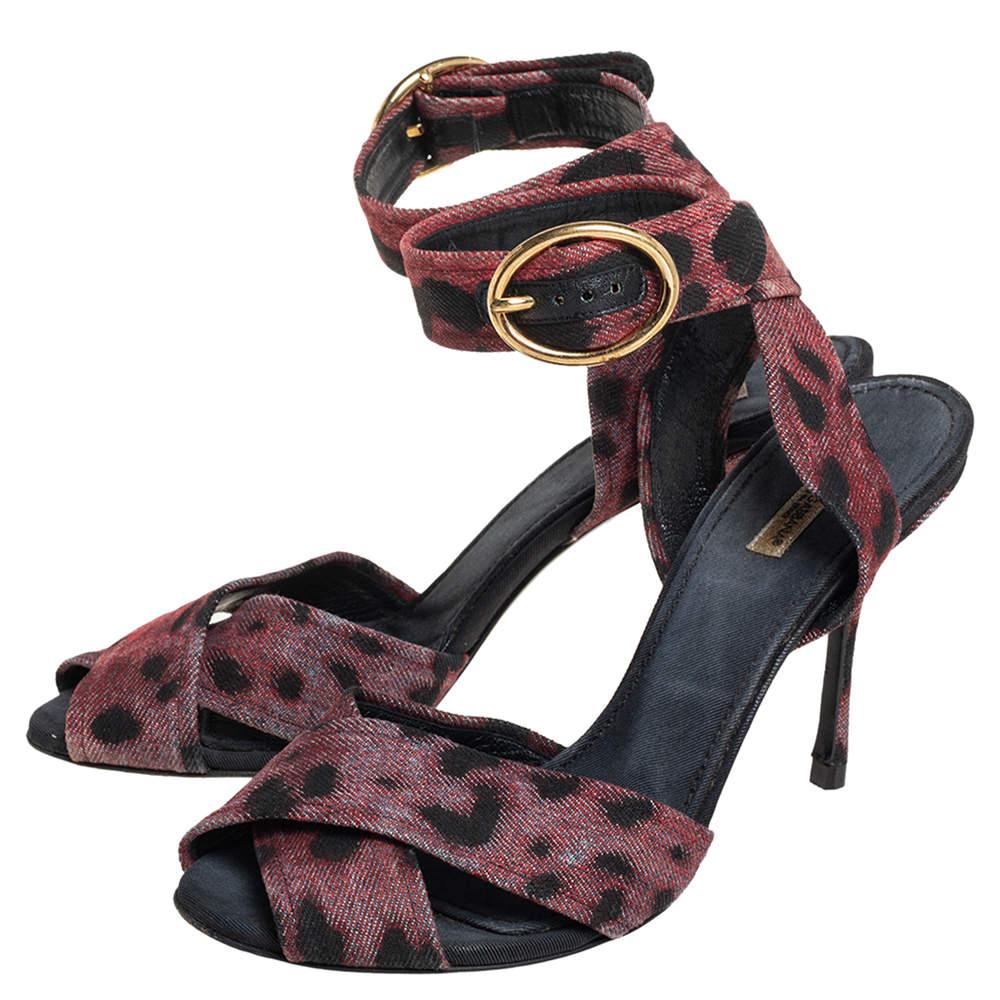 Dolce & Gabbana Leopard Print Fabric Cross Detail Ankle Strap Sandals Size 40 In Fair Condition In Dubai, Al Qouz 2