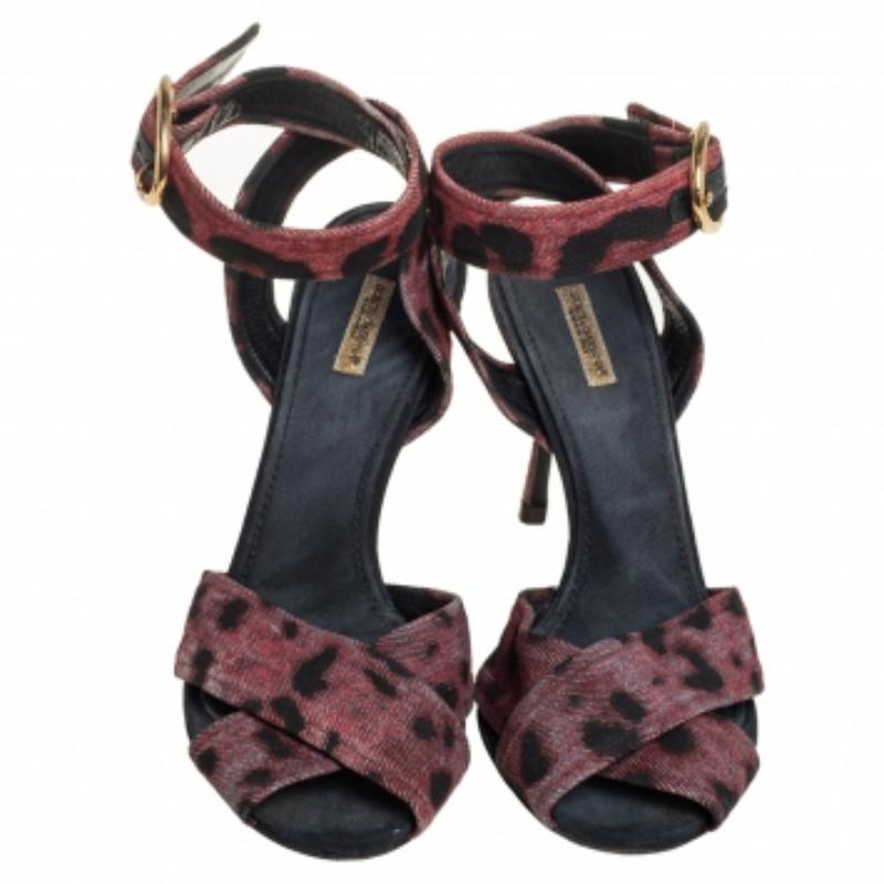 Dolce & Gabbana Leopard Print Fabric Cross Detail Ankle Strap Sandals Size 40 For Sale 2