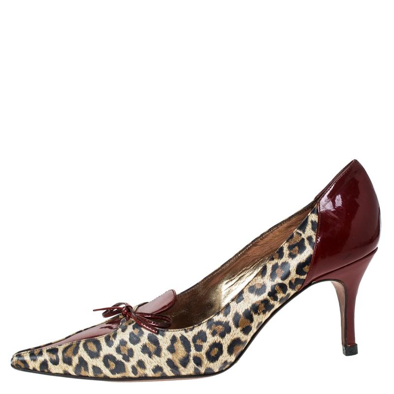 Black Dolce & Gabbana Leopard Print Leather Vintage Bow Pointed Toe Pumps Size 37.5