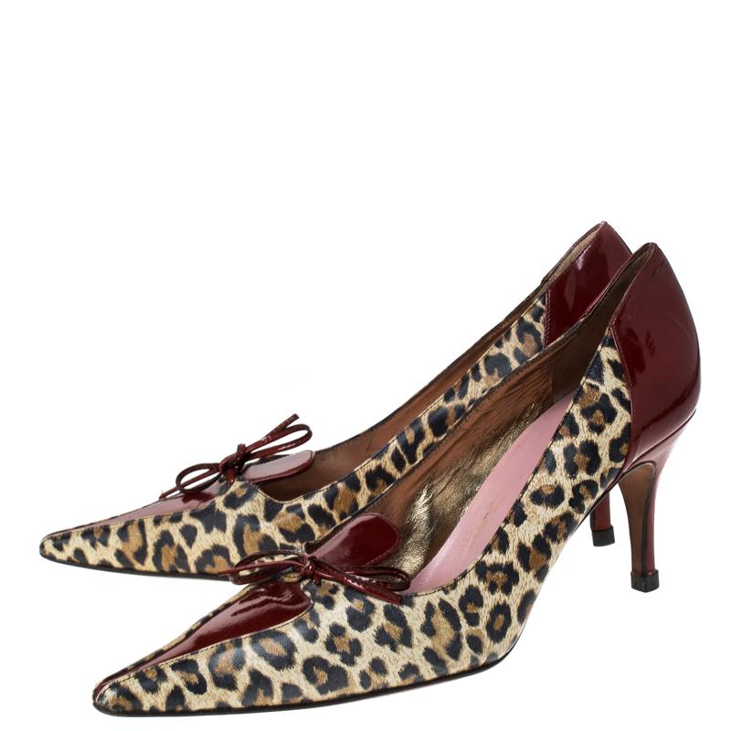 Women's Dolce & Gabbana Leopard Print Leather Vintage Bow Pointed Toe Pumps Size 37.5