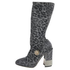 Dolce & Gabbana Leopard Print Lurex Fabric Mary Jane Mid Calf Boots Size 37.5