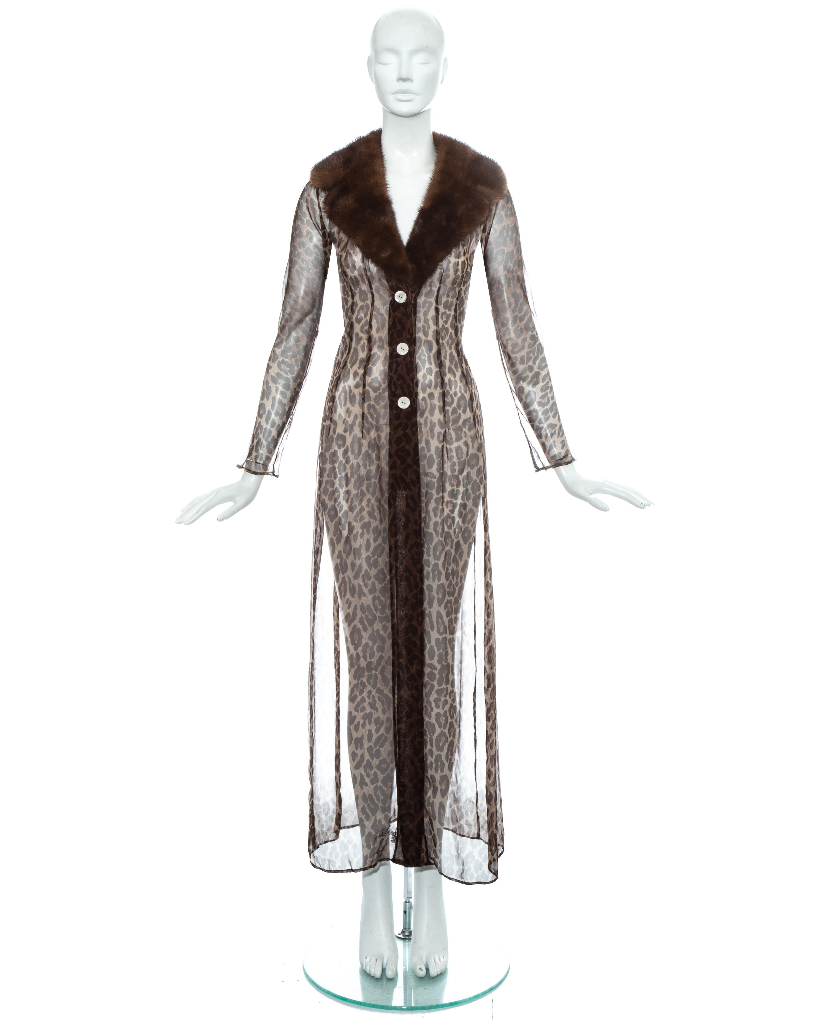 Gray Dolce & Gabbana leopard print silk chiffon coat with mink fur collar, ss 1997
