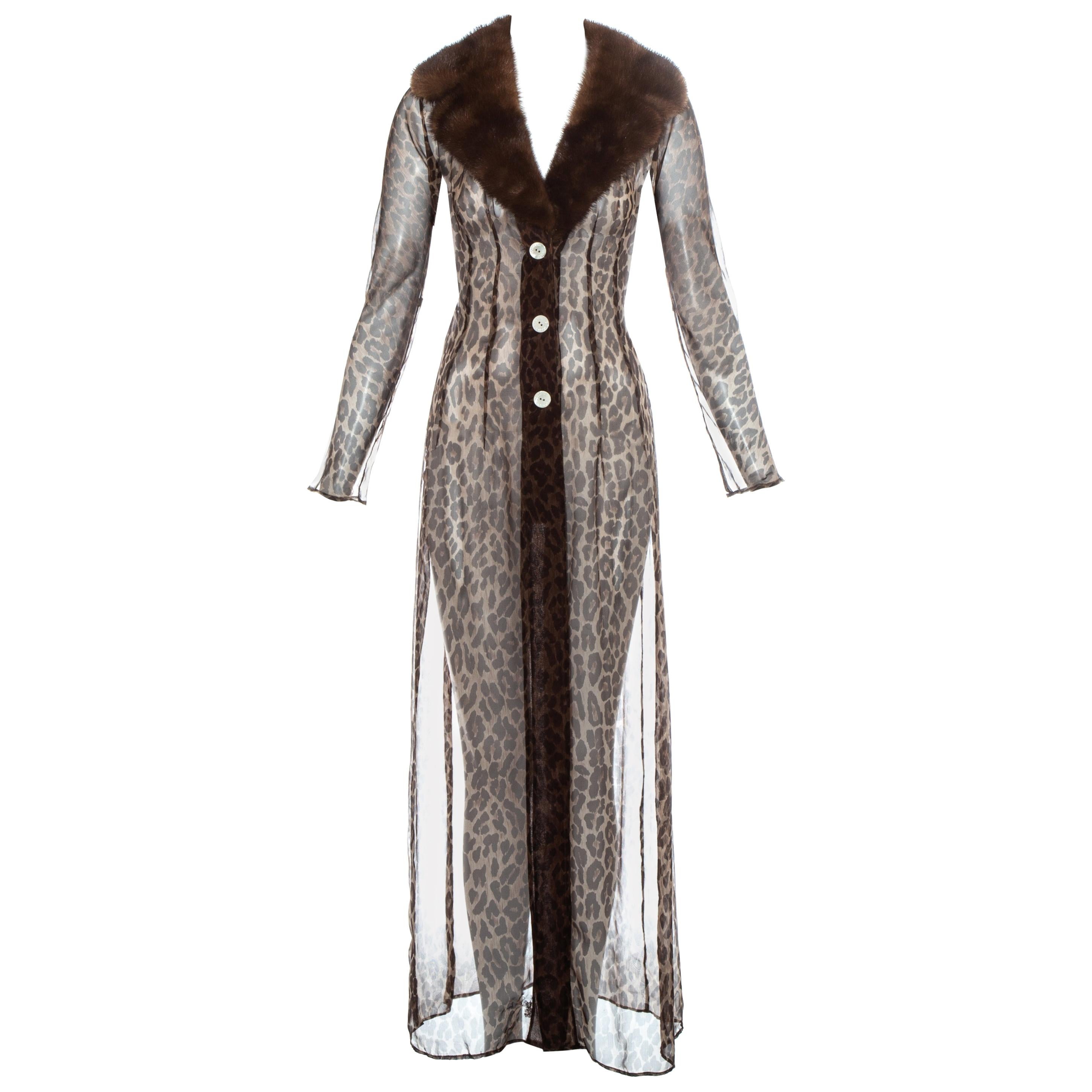 Dolce & Gabbana leopard print silk chiffon coat with mink fur collar, ss 1997 For Sale