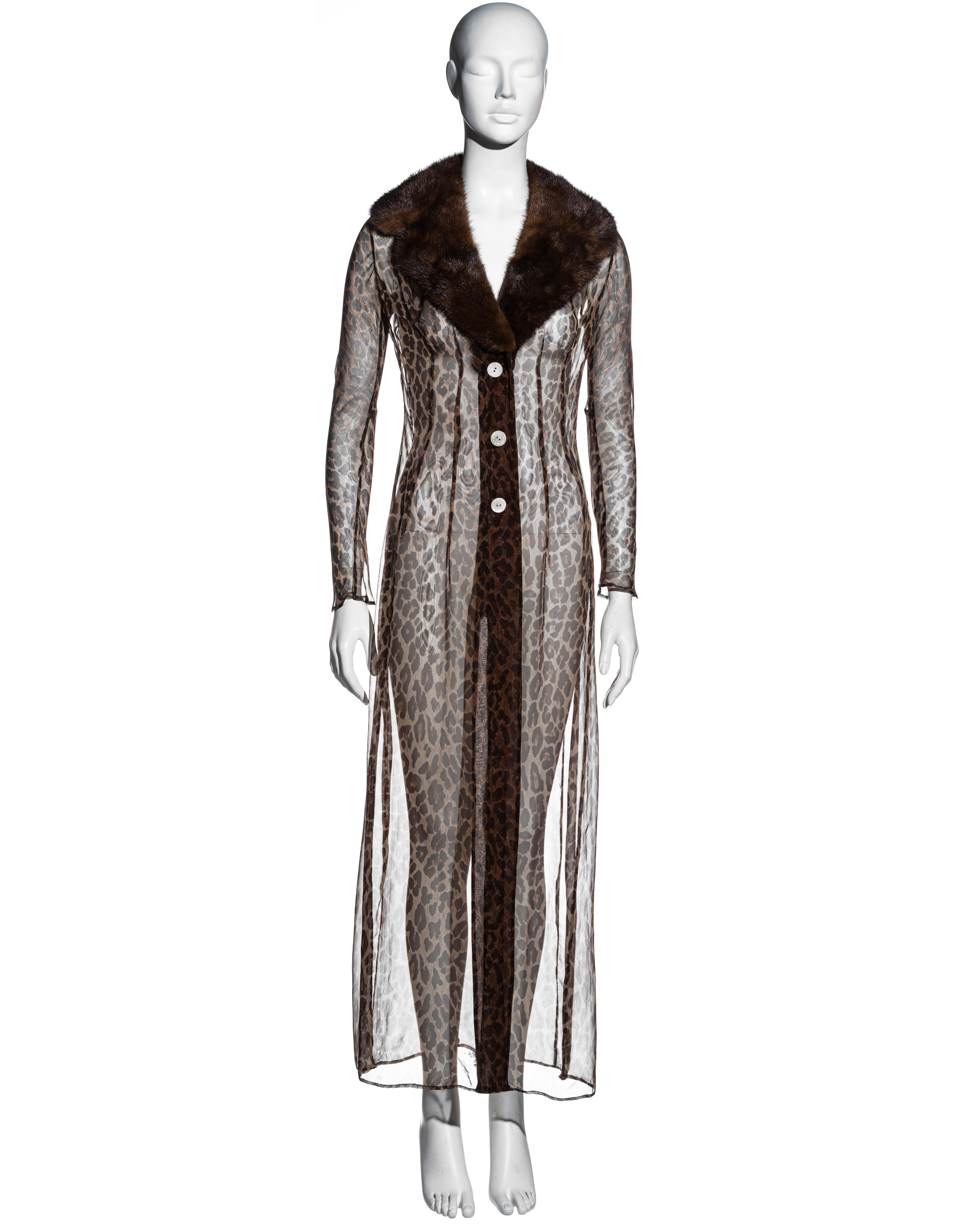 Gray Dolce & Gabbana leopard print silk chiffon dress coat with fur collar, ss 1997