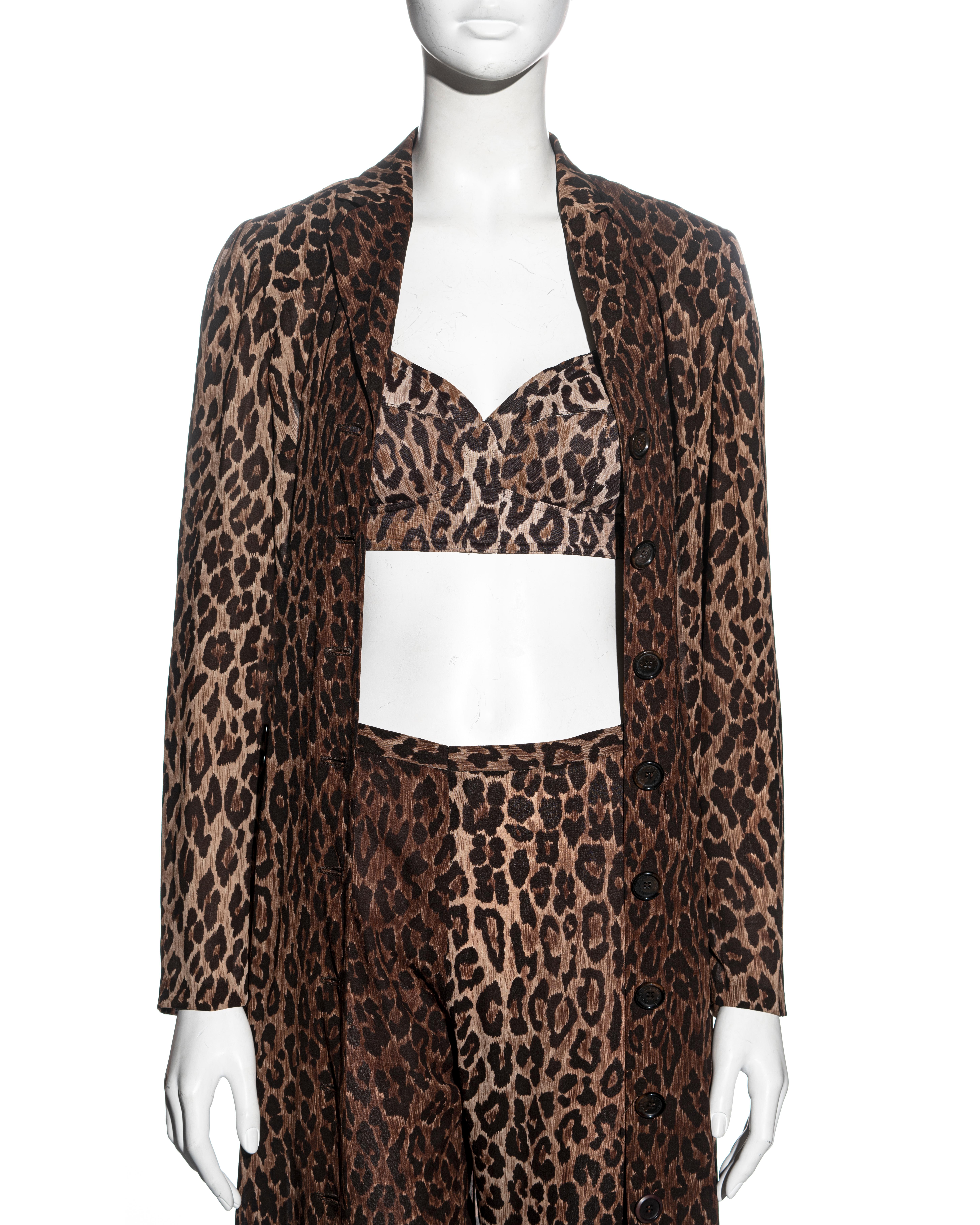 Black Dolce & Gabbana leopard print silk coat, pants and bra ensemble, ss 1997 For Sale