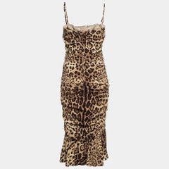Dolce & Gabbana Leopard Print Stretch Silk Ruched Midi Dress M