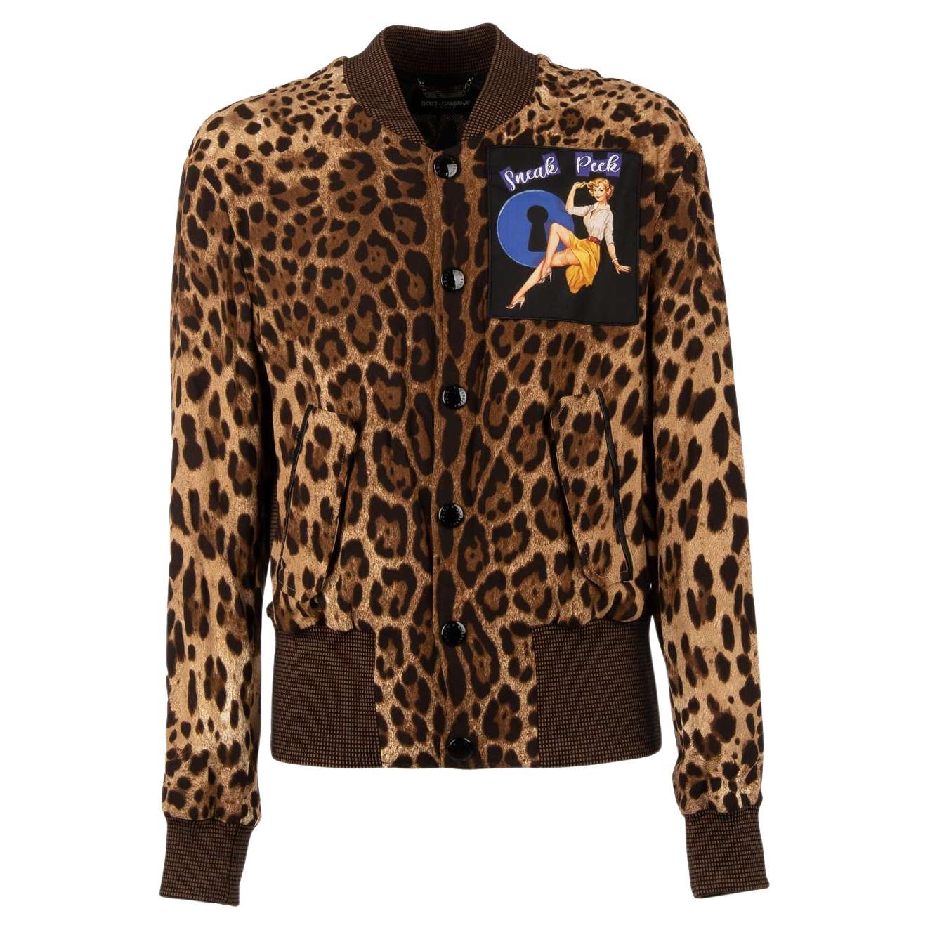 Dolce & Gabbana Leopard Printed Bomber Jacket with SNEAK PEEK Patch Brown 48 For Sale
