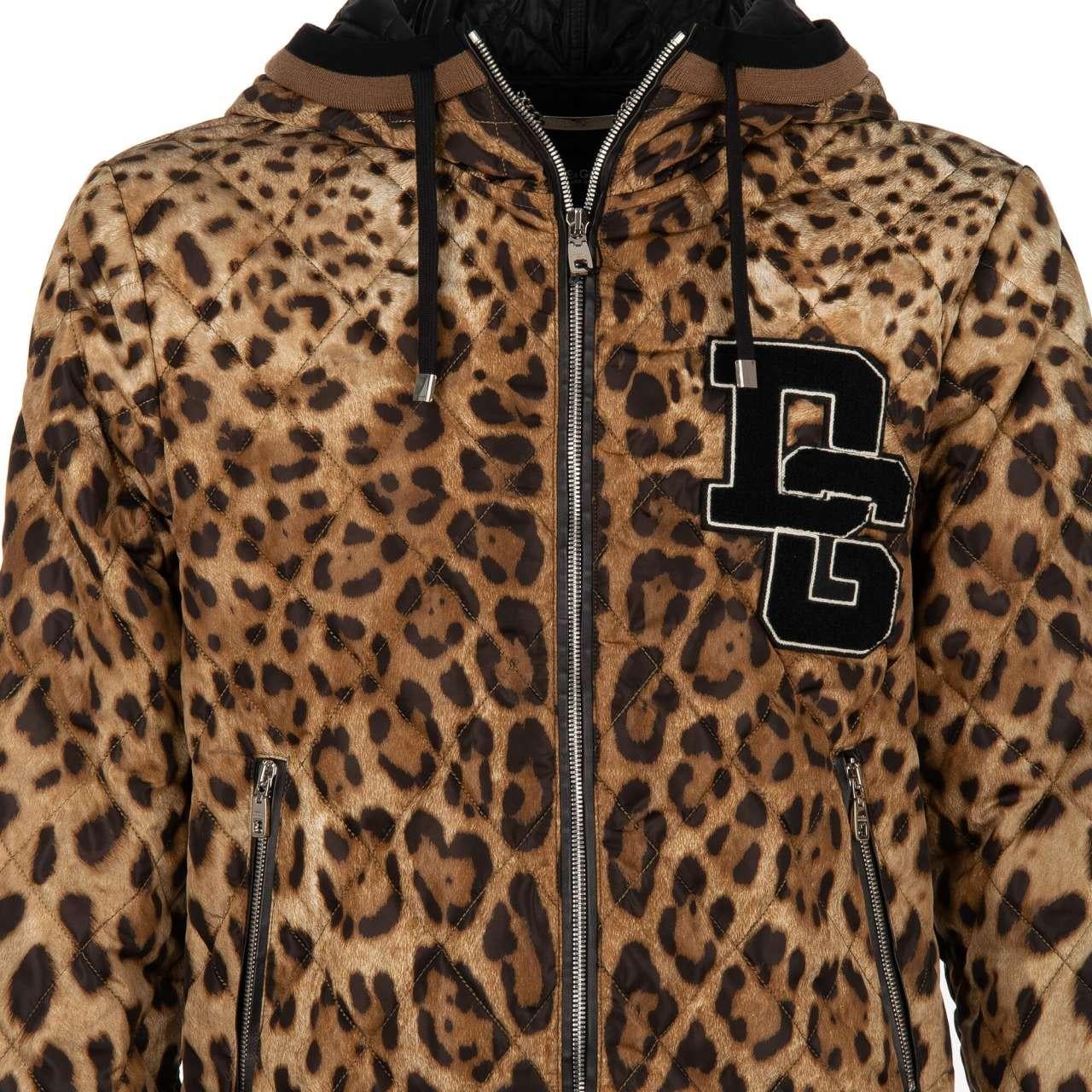 Men's Dolce & Gabbana Leopard Printed Nylon Bomber Jacket with DG Logo Brown Black 50 For Sale