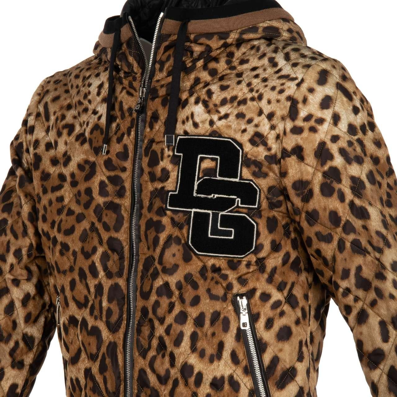 Dolce & Gabbana Leopard Printed Nylon Bomber Jacket with DG Logo Brown Black 50 For Sale 1