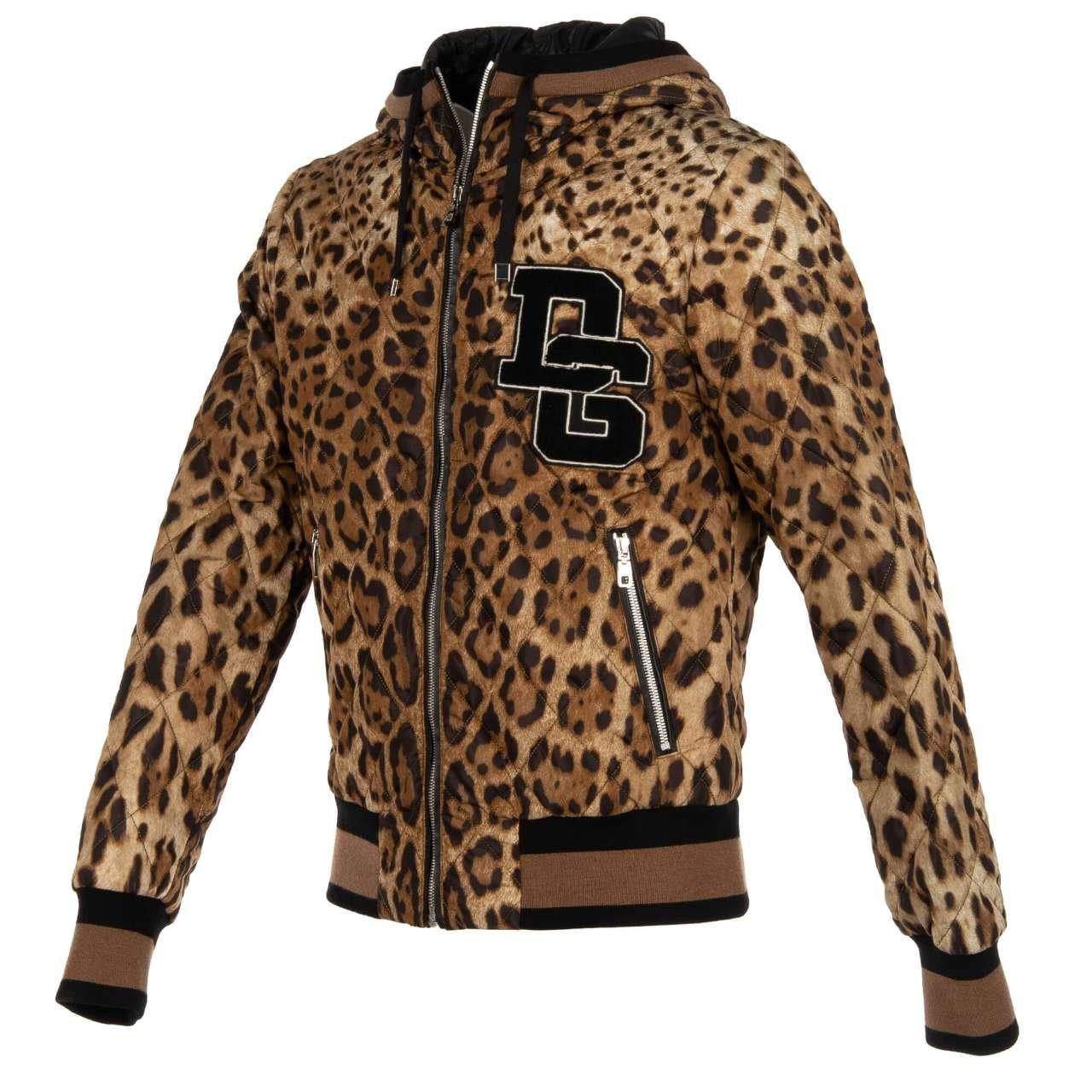 Dolce & Gabbana Leopard Printed Nylon Bomber Jacket with DG Logo Brown Black 50 For Sale 2
