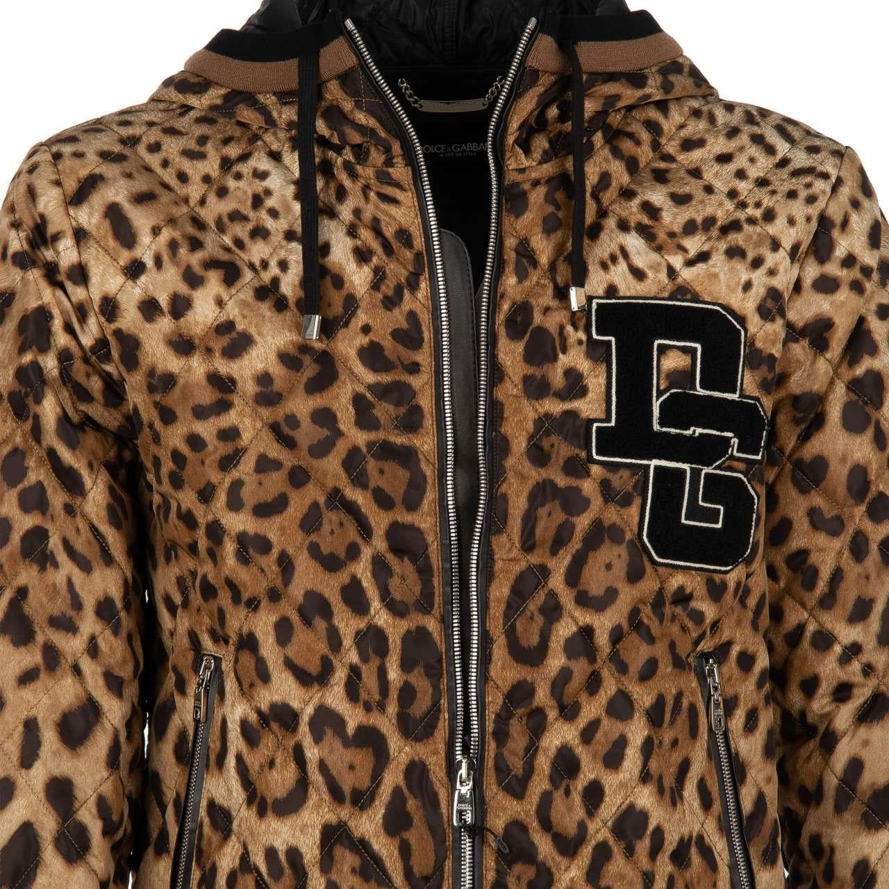 Dolce & Gabbana Leopard Printed Nylon Bomber Jacket with DG Logo Brown Black 50 For Sale 3