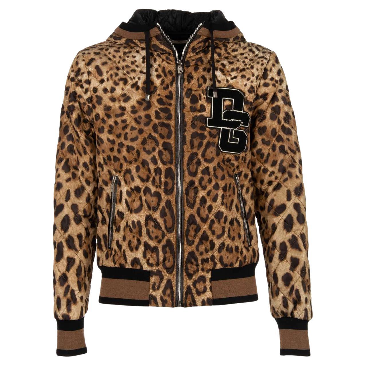 Dolce & Gabbana Leopard Printed Nylon Bomber Jacket with DG Logo Brown Black 50 For Sale