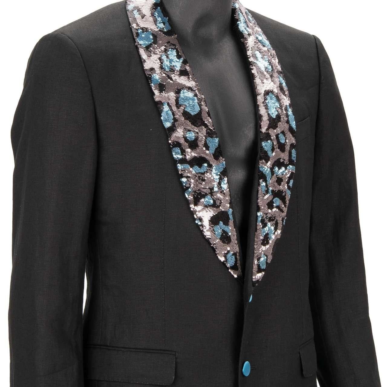 - Linen suit with leopard pattern sequin embroidered shawl lapel in silver, blue and black by DOLCE & GABBANA - TAORMINA Model - RUNWAY - Dolce & Gabbana Fashion Show - New with tag - Former RRP: EUR 2,950 - MADE in ITALY - Slim Fit - Model: