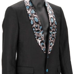 Dolce & Gabbana Leopard Sequin Embroidered Linen Suit TAORMINA Blue Black 46