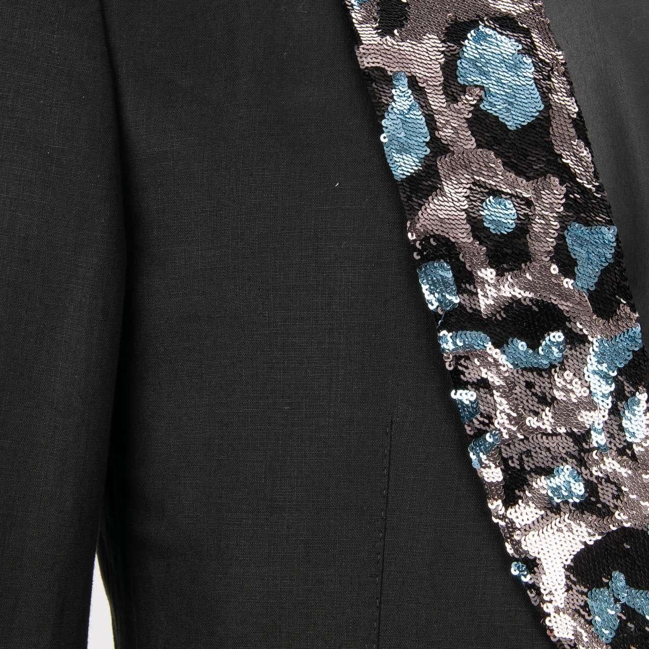 Dolce & Gabbana Leopard Sequin Embroidered Linen Suit TAORMINA Blue Black 46 In Excellent Condition For Sale In Erkrath, DE