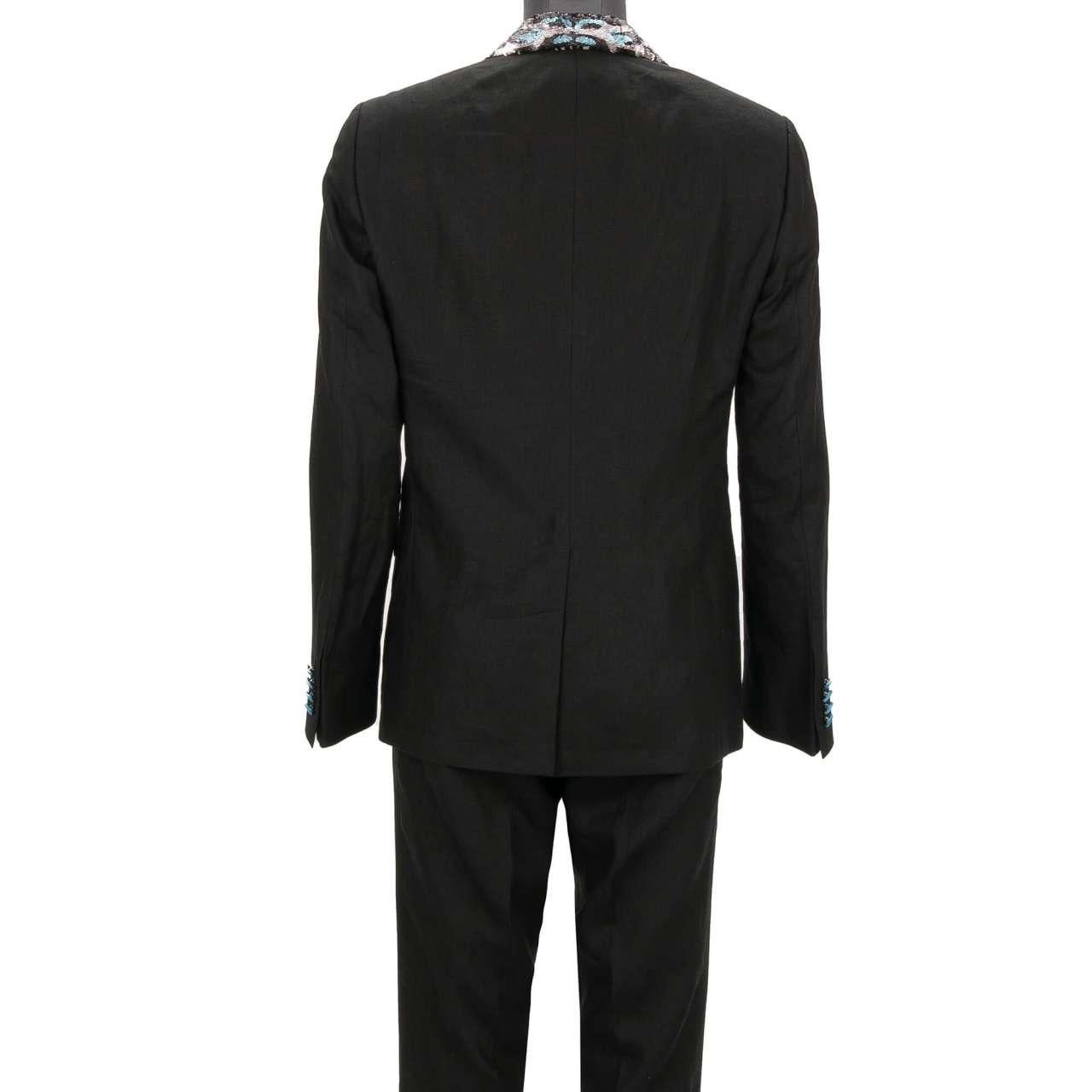 Men's Dolce & Gabbana Leopard Sequin Embroidered Linen Suit TAORMINA Blue Black 46 For Sale