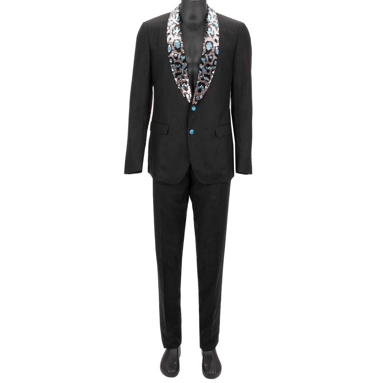 Dolce & Gabbana Leopard Sequin Embroidered Linen Suit TAORMINA Blue Black 46 For Sale 2