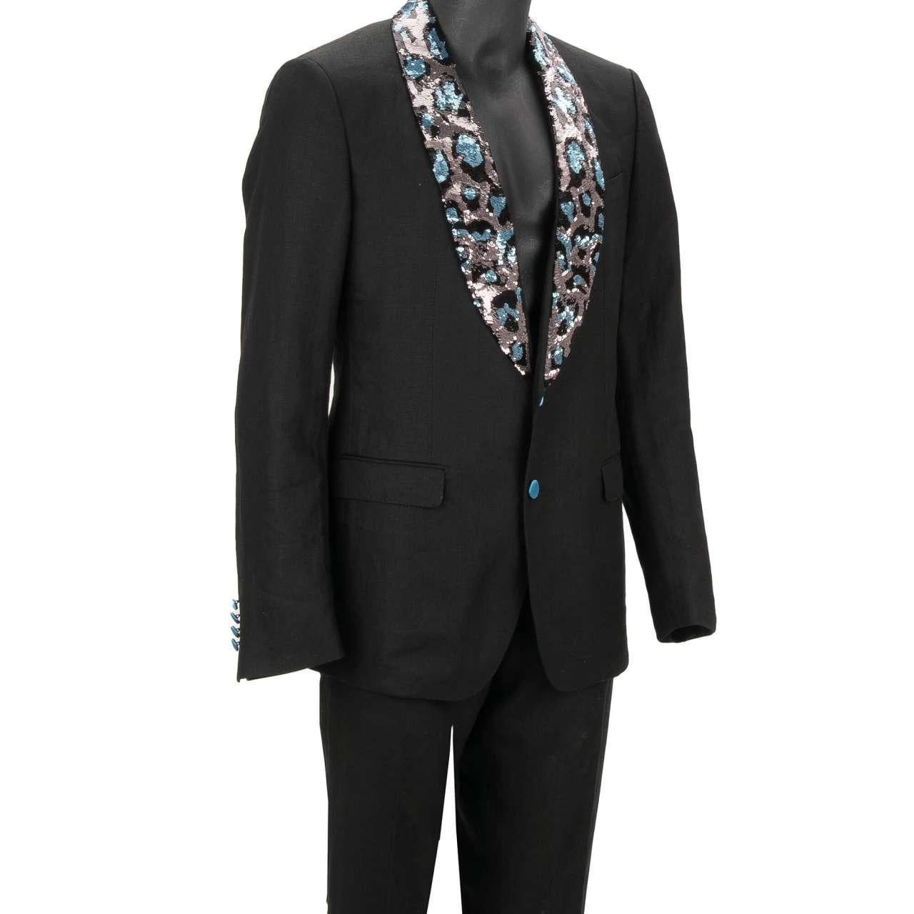 Dolce & Gabbana Leopard Sequin Embroidered Linen Suit TAORMINA Blue Black 46 For Sale 3