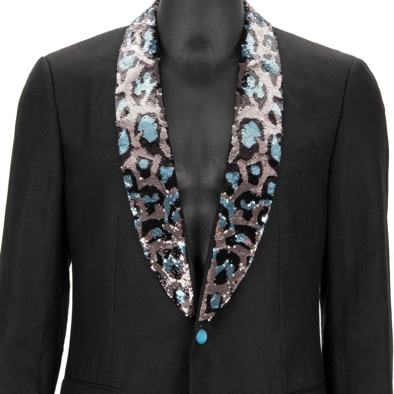 Dolce & Gabbana Leopard Sequin Embroidered Linen Suit TAORMINA Blue Black 46 For Sale 4