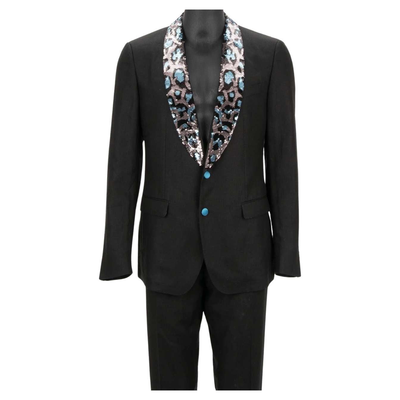 Dolce & Gabbana Leopard Sequin Embroidered Linen Suit TAORMINA Blue Black 46 For Sale