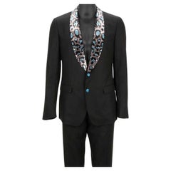 Dolce & Gabbana Leopard Sequin Embroidered Linen Suit TAORMINA Blue Black 46