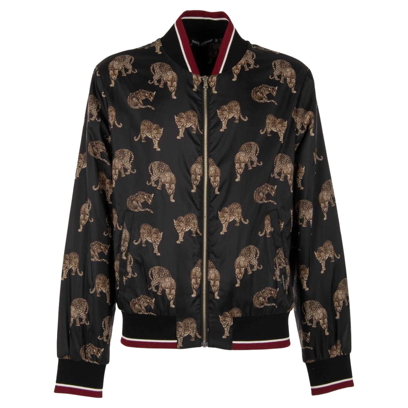 Dolce & Gabbana Leopards Printed Bomber Jacket with Pockets Black Brown 54 For Sale