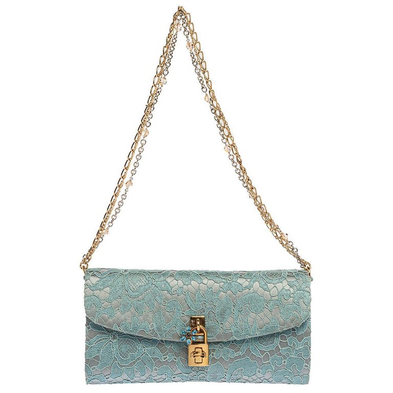 Dolce and Gabbana Light Blue Lace and Satin Padlock Chain Clutch at 1stDibs