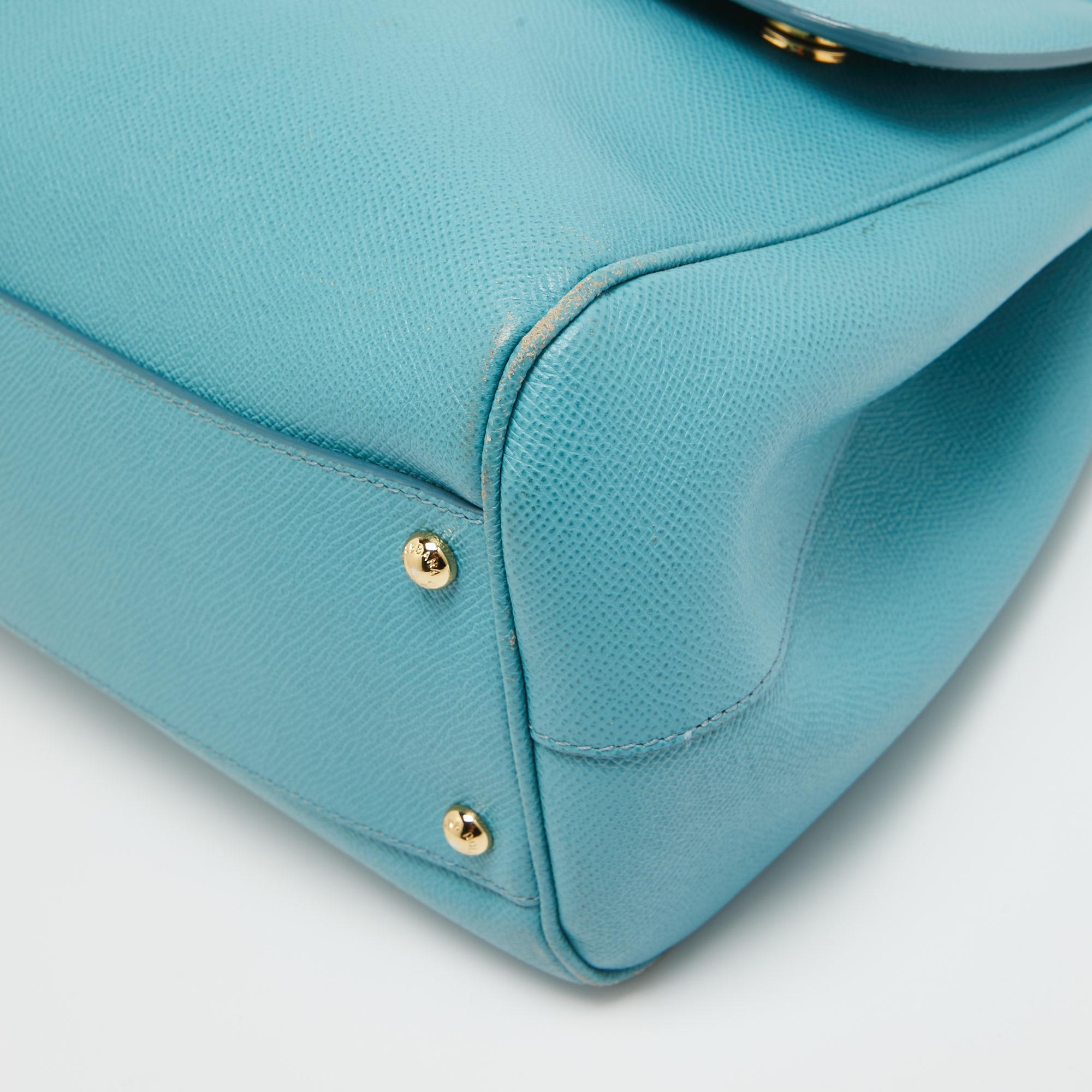 Dolce & Gabbana Light Blue Leather Large Miss Sicily Top Handle Bag For Sale 6