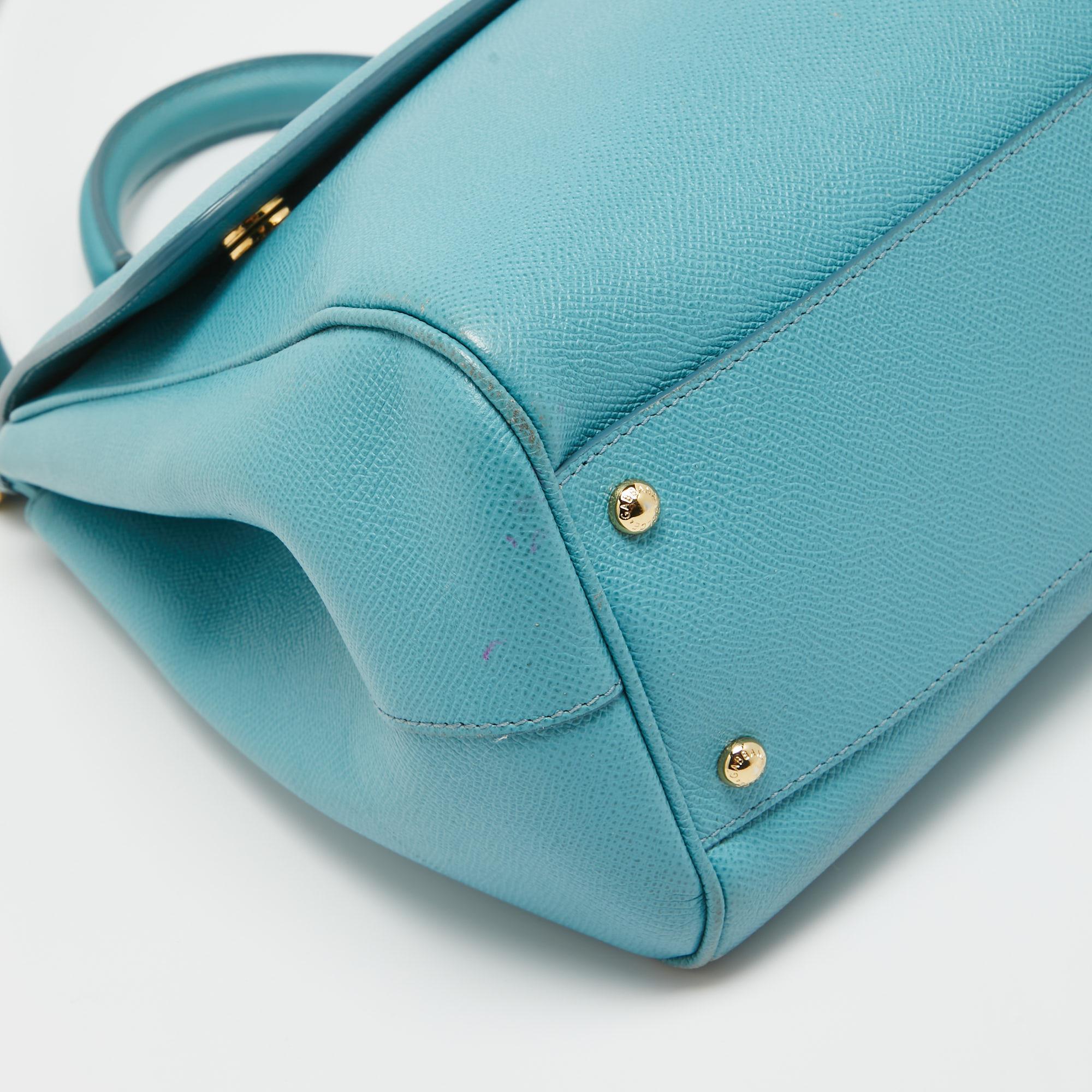 Dolce & Gabbana Light Blue Leather Large Miss Sicily Top Handle Bag For Sale 8