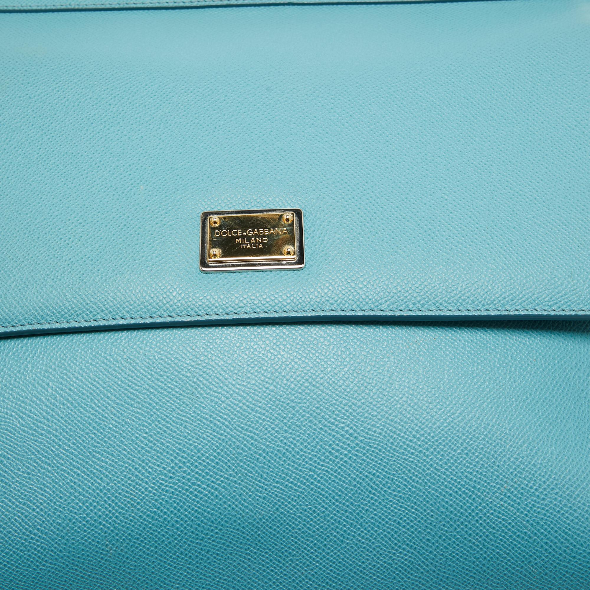 Dolce & Gabbana Light Blue Leather Large Miss Sicily Top Handle Bag For Sale 3