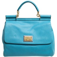 Dolce & Gabbana Light Blue Leather Large Miss Sicily Top Handle Bag